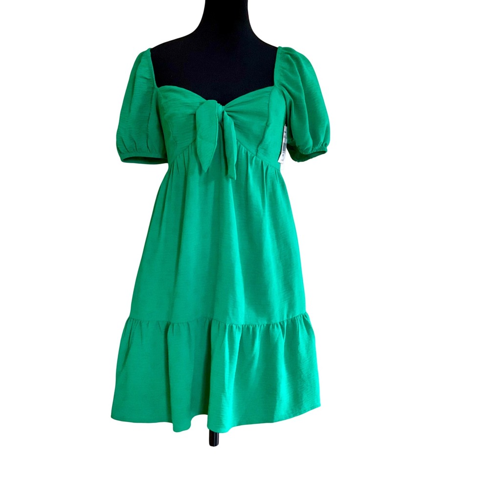Speechless Kelly Green Tiered Puff Sleeve Tie Front Mini Dress Babydoll Sz S NWT